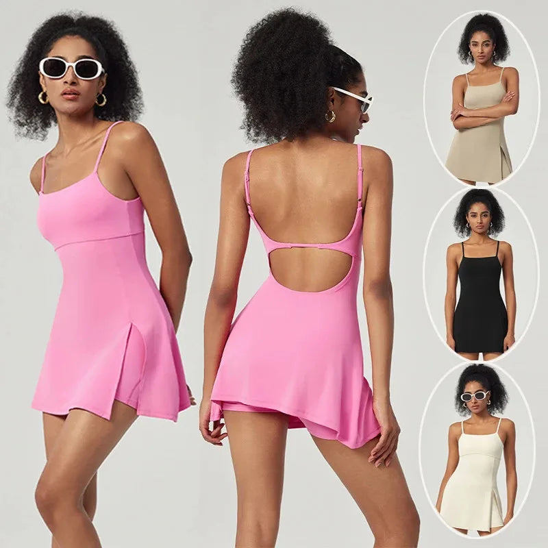Vestido de tenis moderno SharpStar para mujer con pantalones cortos, vestido deportivo para bádminton y golf con almohadillas en el pecho, conjunto deportivo ajustado con abertura, vestido deportivo.