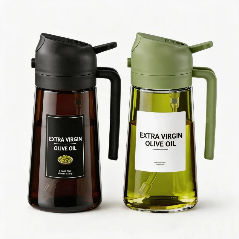 Dispensador y Rociador de Aceite de Vidrio 2 en 1, 16oz/470ml, Antiderrames, para Cocina, Freidora de Aire, Barbacoa, Repostería, Ensaladas - Botella Rociadora de Aceite de Oliva
