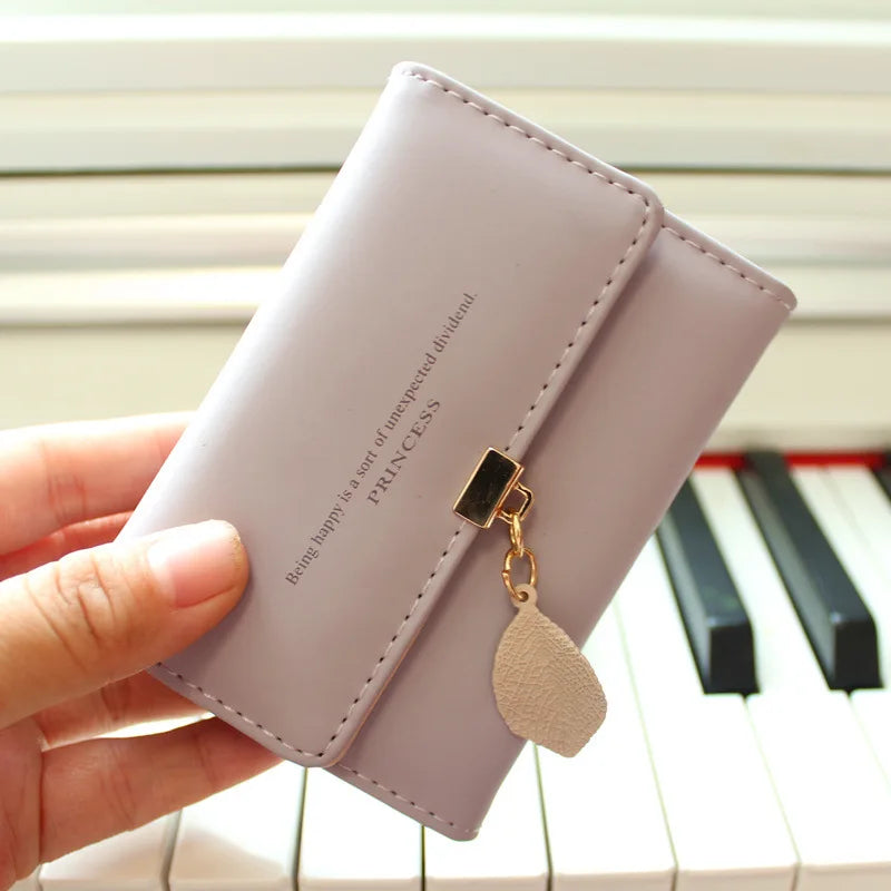 Cartera de mujer con bonita hoja de acordeón, Mini tarjetero, monedero corto a la moda, billetera Simple de color sólido, monedero delgado múltiple
