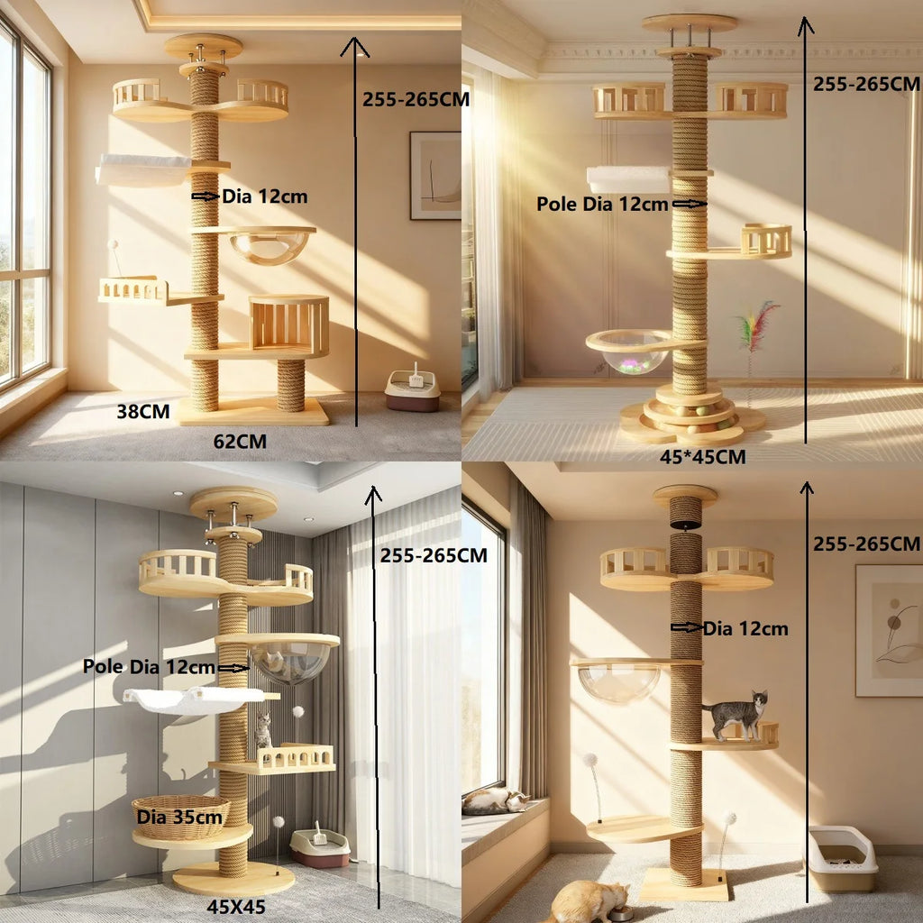Torre para gatos grande de madera maciza con plataforma de salto multinivel, rascador, juguete y mueble para gatos.