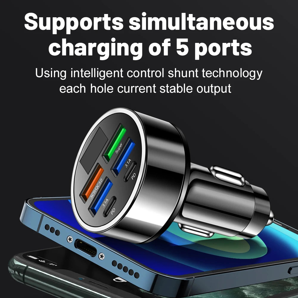Cargador de coche USB de 350W PD QC3.0 cargador de teléfono de coche 6 en 1 adaptador de carga rápida USB tipo C en coche para iPhone Samsung Huawei Xiaomi
