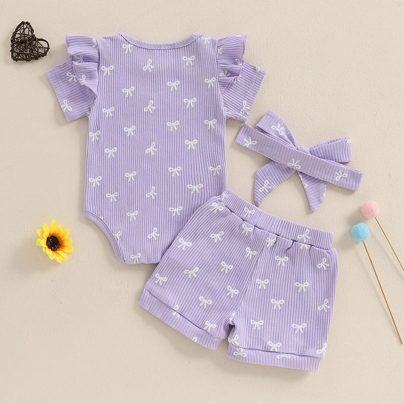Conjuntos de verano para niña de 0 a 18 meses, pelele de manga corta con estampado de lazo, pantalones cortos de cintura elástica y diadema, conjunto de 3 uds.