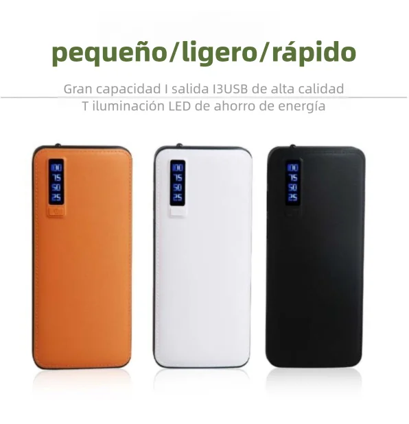 Batería portátil de 10000 mAh con textura de piel, 3 puertos USB y linterna. Disponible en varios colores.