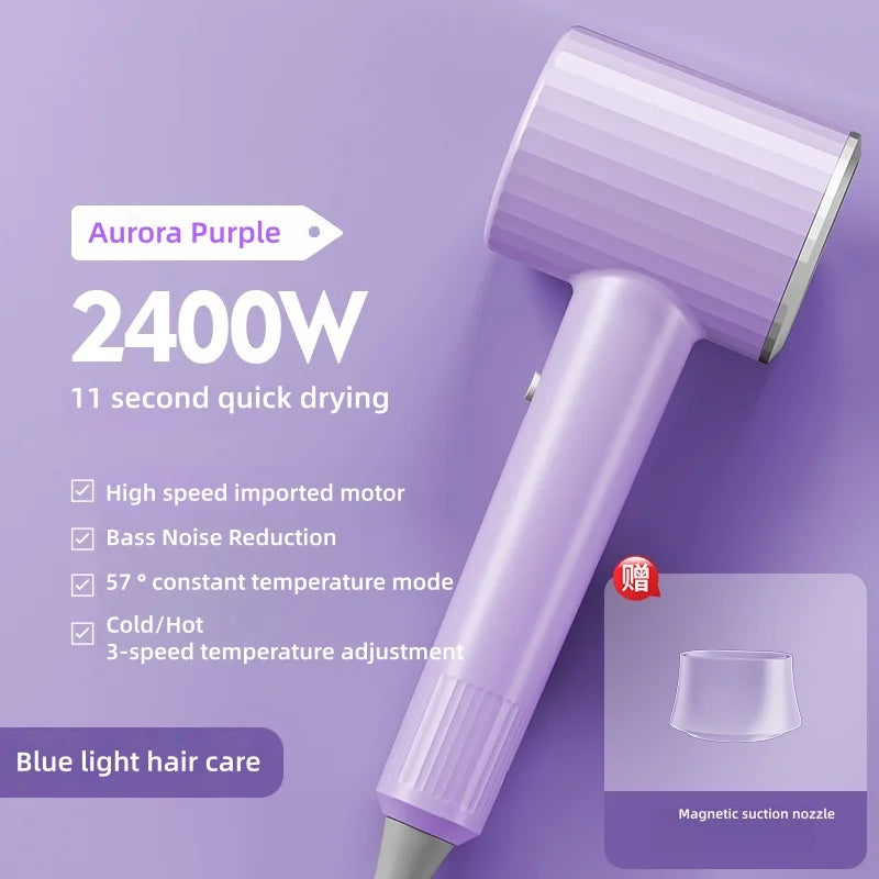 Secador de Pelo Profesional de 2400W con Aire Frío y Caliente, Temperatura Constante, Luz Azul, Iones Negativos y Silencioso