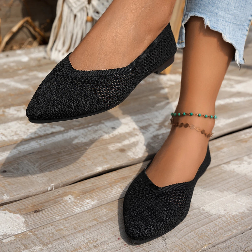 Nuevos zapatos planos con punta estrecha para mujer, zapatillas de Ballet informales transpirables, mocasines ligeros de punto de Color sólido para mujer