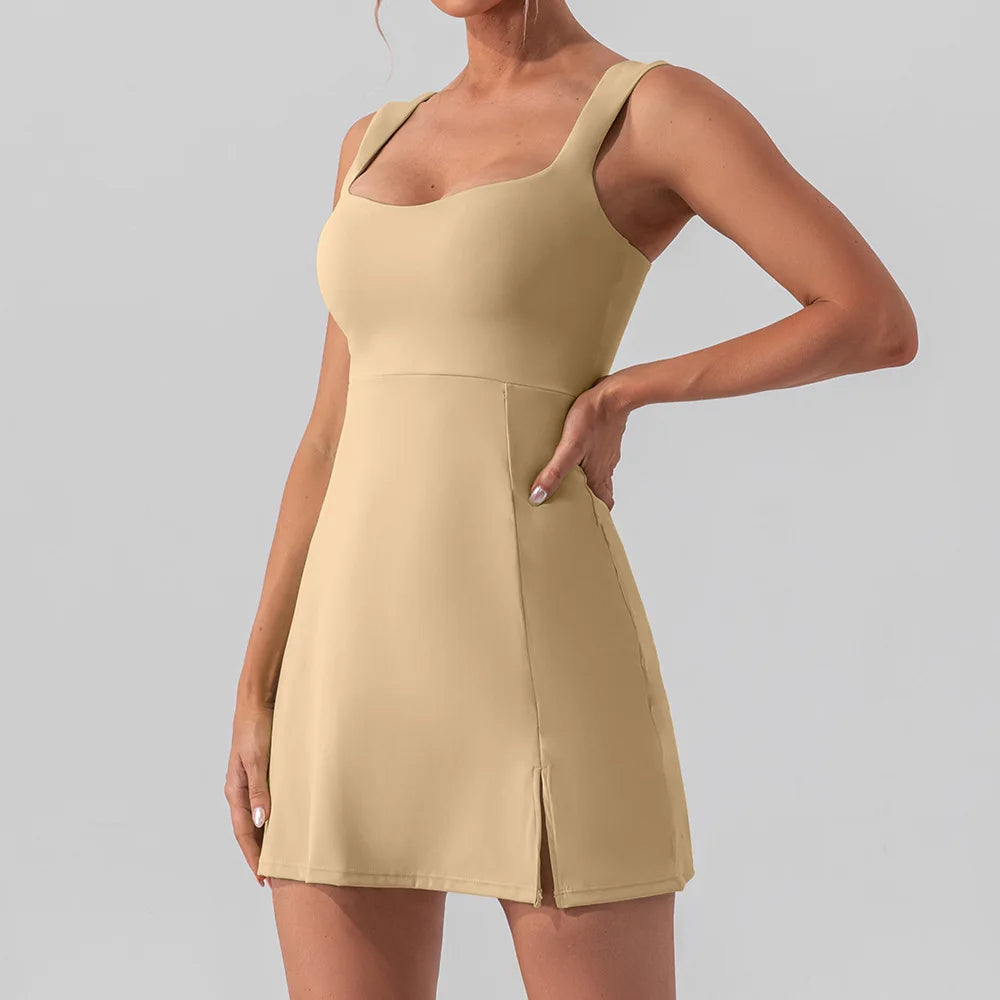 Vestido de Tenis Sexy, Suave, de Color Sólido, Vestido Deportivo de Golf para Mujer, Transpirable, Traje de Yoga de Una Pieza, Ropa Deportiva para Correr al Aire Libre