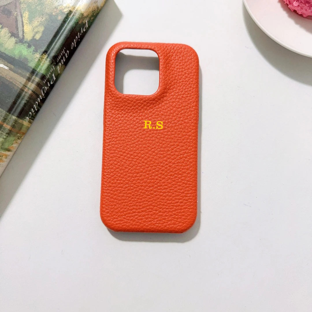 Funda rígida de cuero PU con nombre personalizado para iPhone16, 16e, 15, 14, 13, 12, 11 Pro, Funda trasera a prueba de golpes