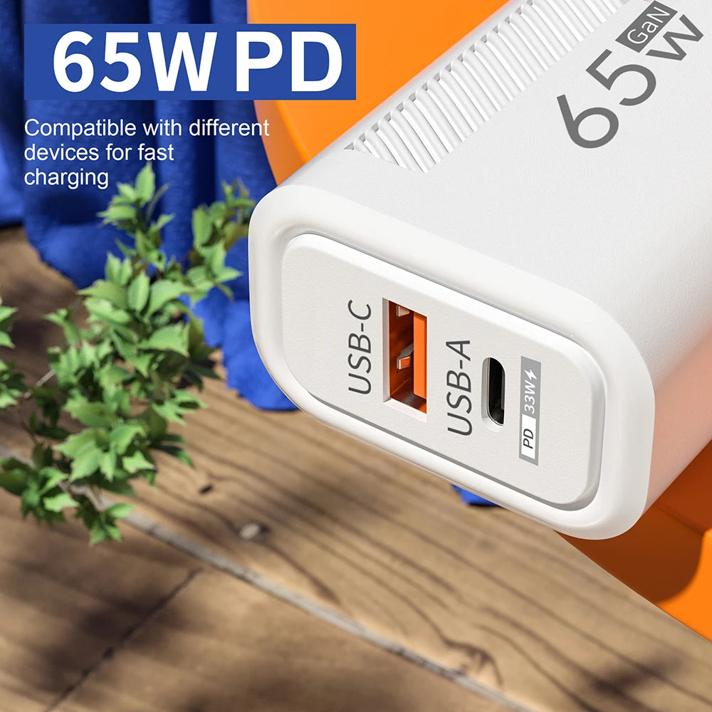Cargador de USB-C de 65W GaN, Cable PD tipo C de carga rápida, adaptador de teléfono móvil para iPhone 16, Xiaomi, Samsung, Xiaomi, QC 3,0, cargador de pared