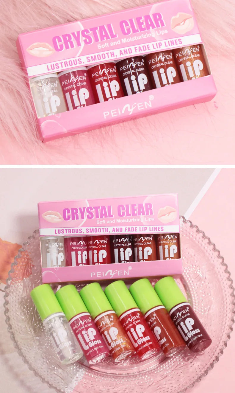 Juego de 6 piezas de brillo de labios con espejo de cristal, bálsamo labial ligero hidratante, brillo brillante, tinte transparente, melocotón, cereza, rosa