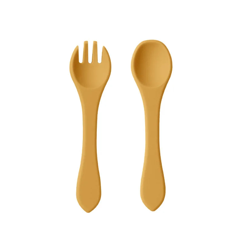 Juego de Cuchara y Tenedor de Silicona de Grado Alimenticio para Bebés, Utensilios de Alimentación para Niños Pequeños con Mango Largo y Cabeza Suave para Alimentos Infantiles