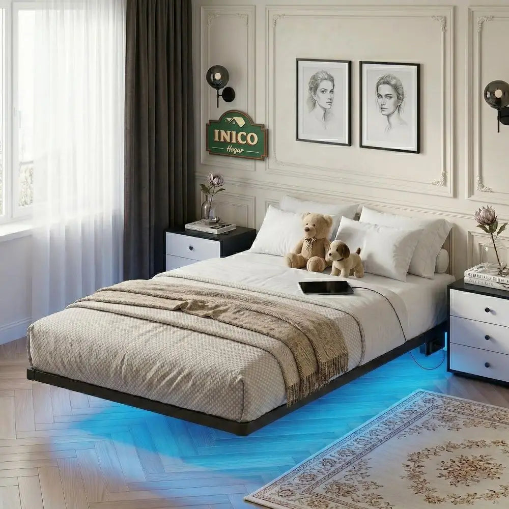 Cama Individual Flotante, Plataforma Metálica Resistente de 1500 lb con Luz LED y Estación de Carga, con Láminas de Acero de Alta Resistencia
