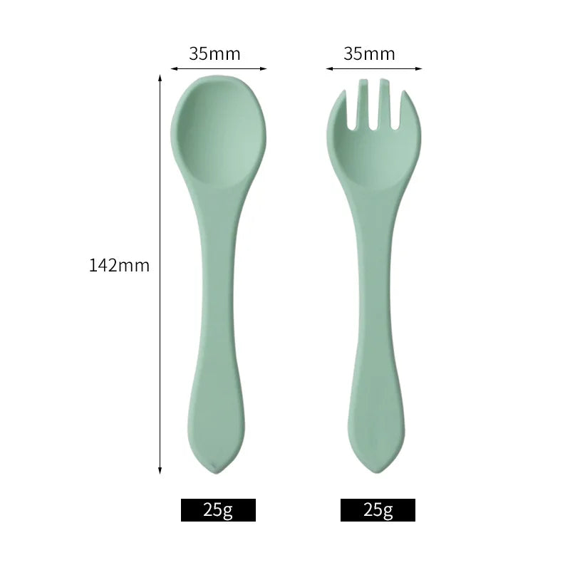 Juego de Cuchara y Tenedor de Silicona de Grado Alimenticio para Bebés, Utensilios de Alimentación para Niños Pequeños con Mango Largo y Cabeza Suave para Alimentos Infantiles