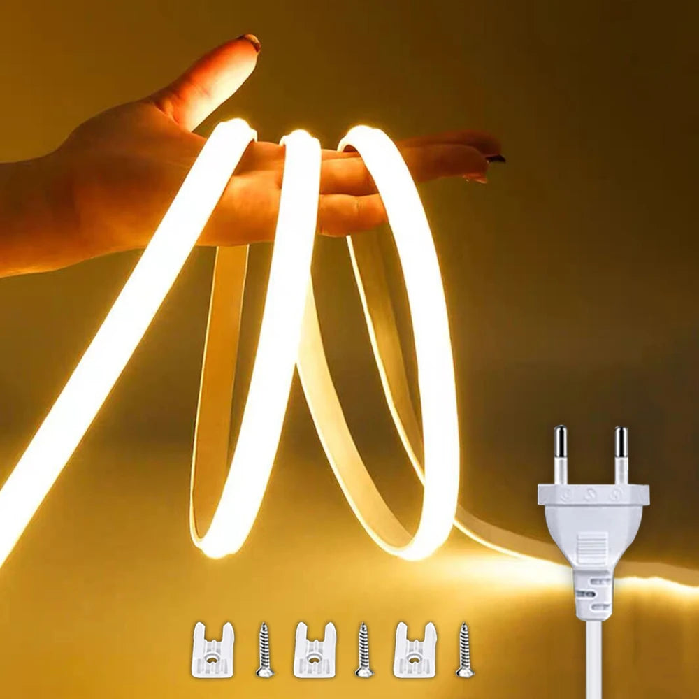 Tira de luces Led de 220V con interruptor de encendido/apagado tira de LED COB impermeable cinta Flexible de 220V para habitación dormitorio cocina iluminación de jardín al aire libre