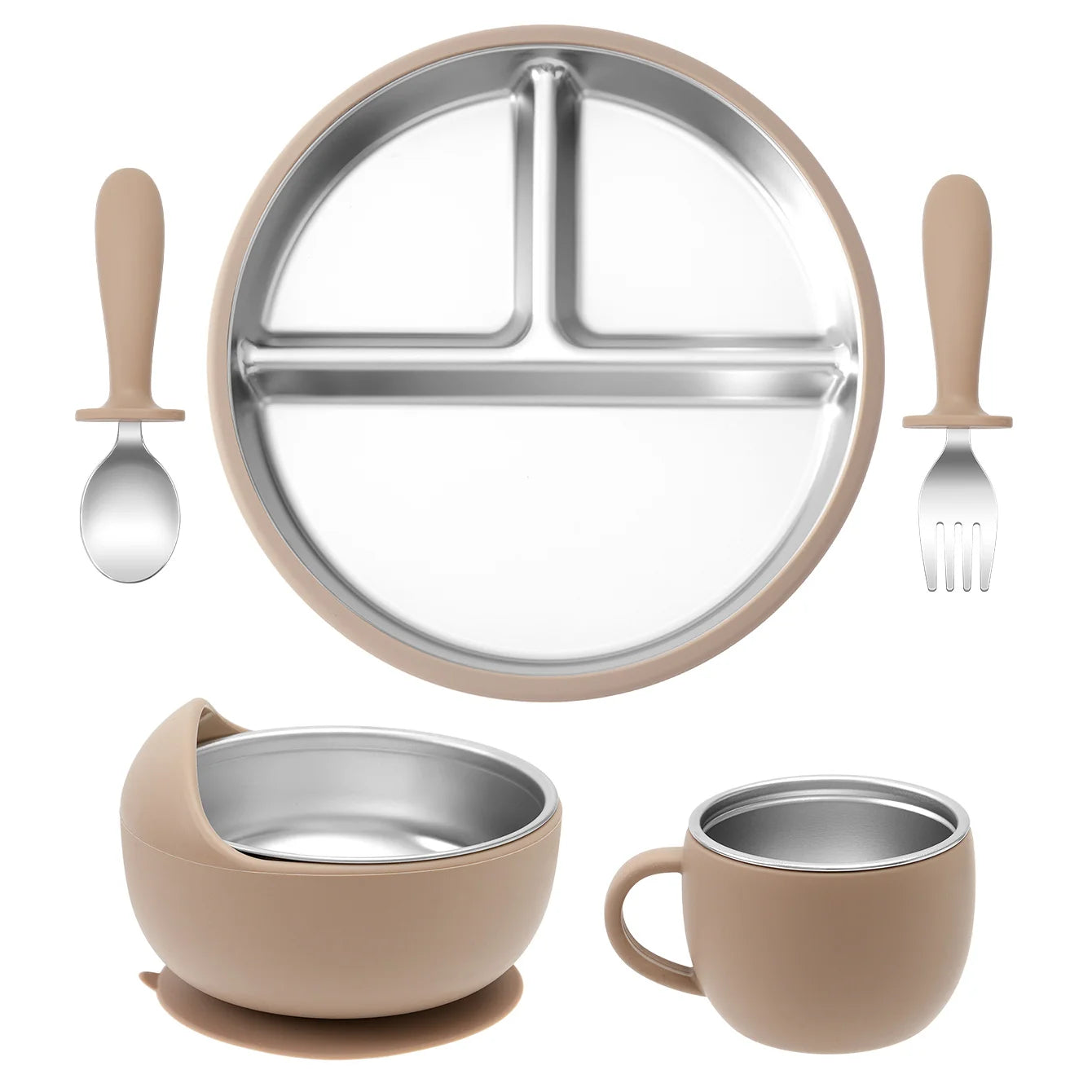 Juego de alimentación de bebé con plato de platos de acero inoxidable, cuenco con ventosa de silicona desmontable, sin BPA, tenedor infantil, cuchara, regalos, 5 uds.