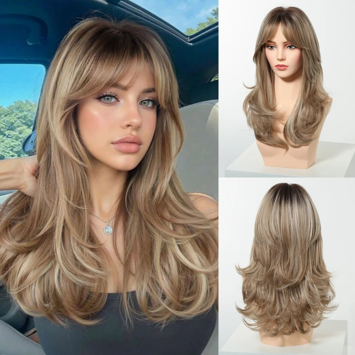 Pelucas Allbell Magique de largo ondulado en capas, pelo marrón miel con flequillo lateral para mujeres, pelucas sintéticas naturales resistentes al calor para uso diario