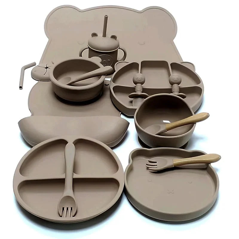 Juego de vajilla de silicona para niños, 16 piezas, taza de succión adicional, tazón, cuchara, madre y bebé