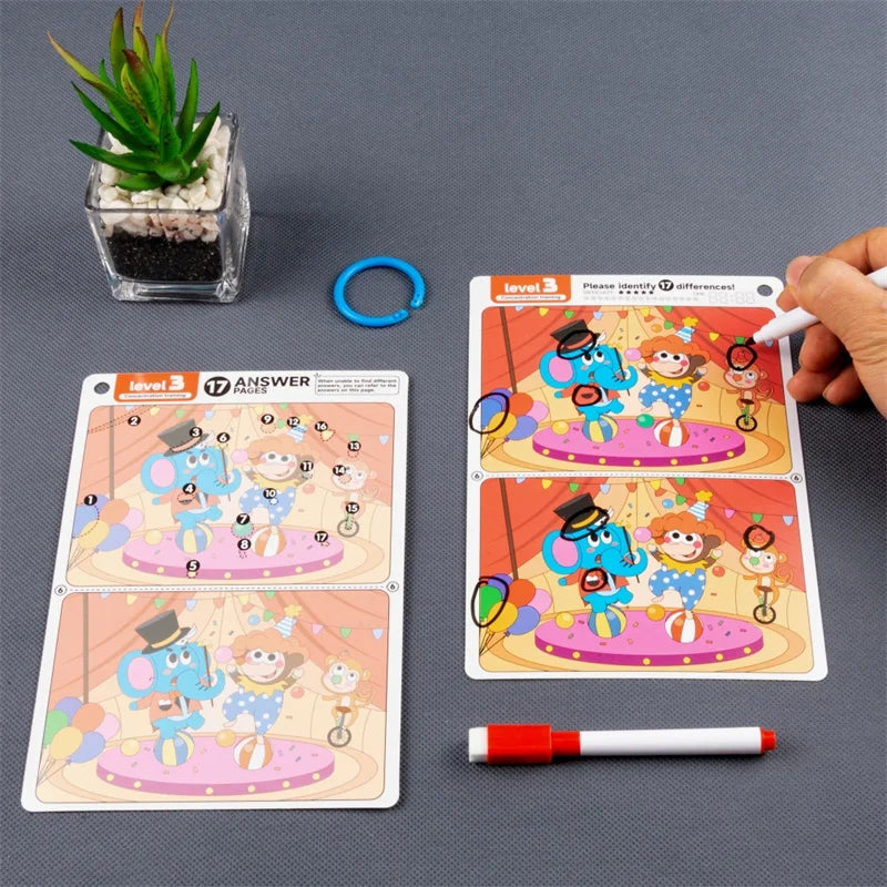 Juego de rompecabezas reutilizable Find The Difference, enfoque borrable y regrabable y entrenamiento de observación, juguete para el desarrollo del cerebro para niños