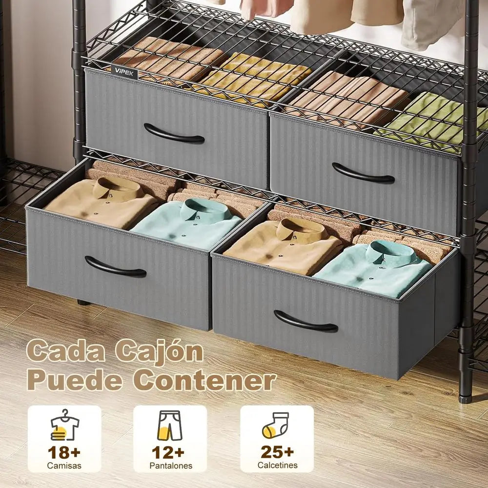 Armario Armable para Ropa con 3 Barras para Colgar, 6 Estantes, 2 Ganchos y 4 Cajones para Guardar Ropa, 144 x 37 x 180 cm, Rack para Ropa