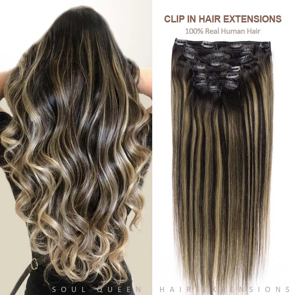 Extensión de cabello humano con Clip, extensiones de cabello humano Remy Natural de doble trama, extensiones de cabello brasileño con Clip