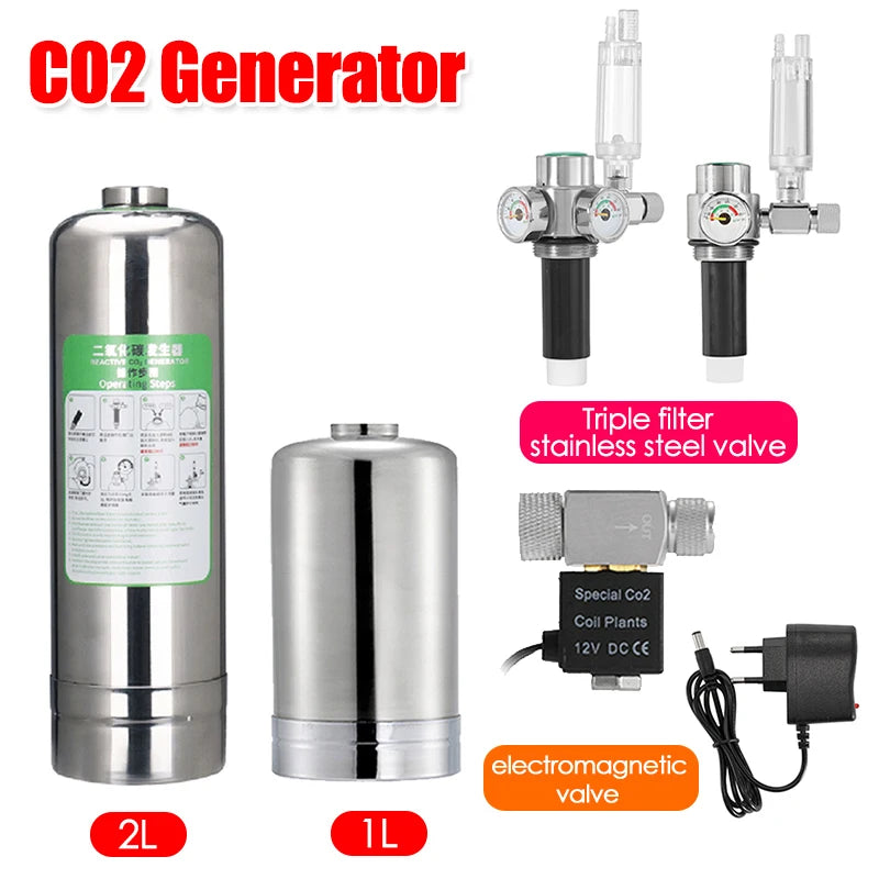Generador de CO2 para acuario, botella de acero inoxidable de alta presión, cilindro de Gas, accesorios para acuario, 2L/1L