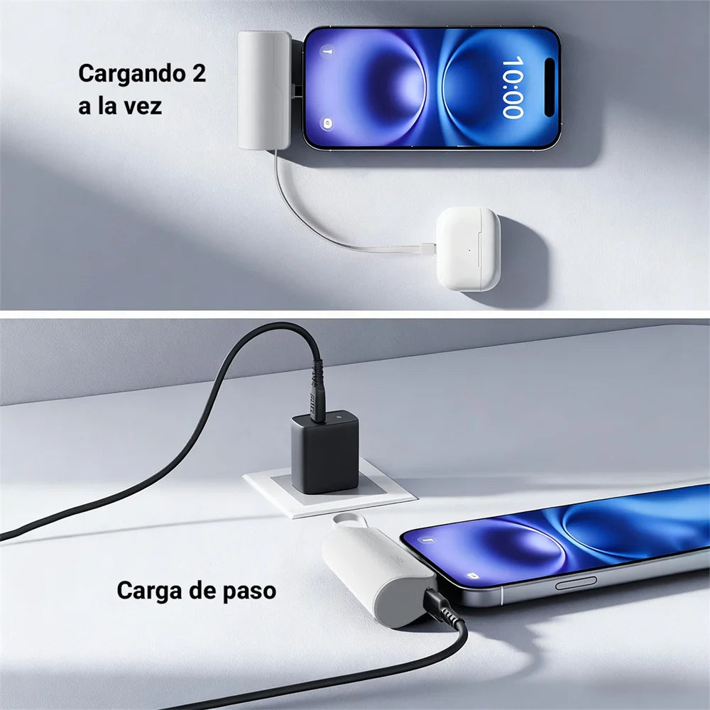 Mini batería externa de 5400 mAh con 2 salidas de carga tipo C para iPhone 15, 16, Huawei y Android, con pantalla de estado
