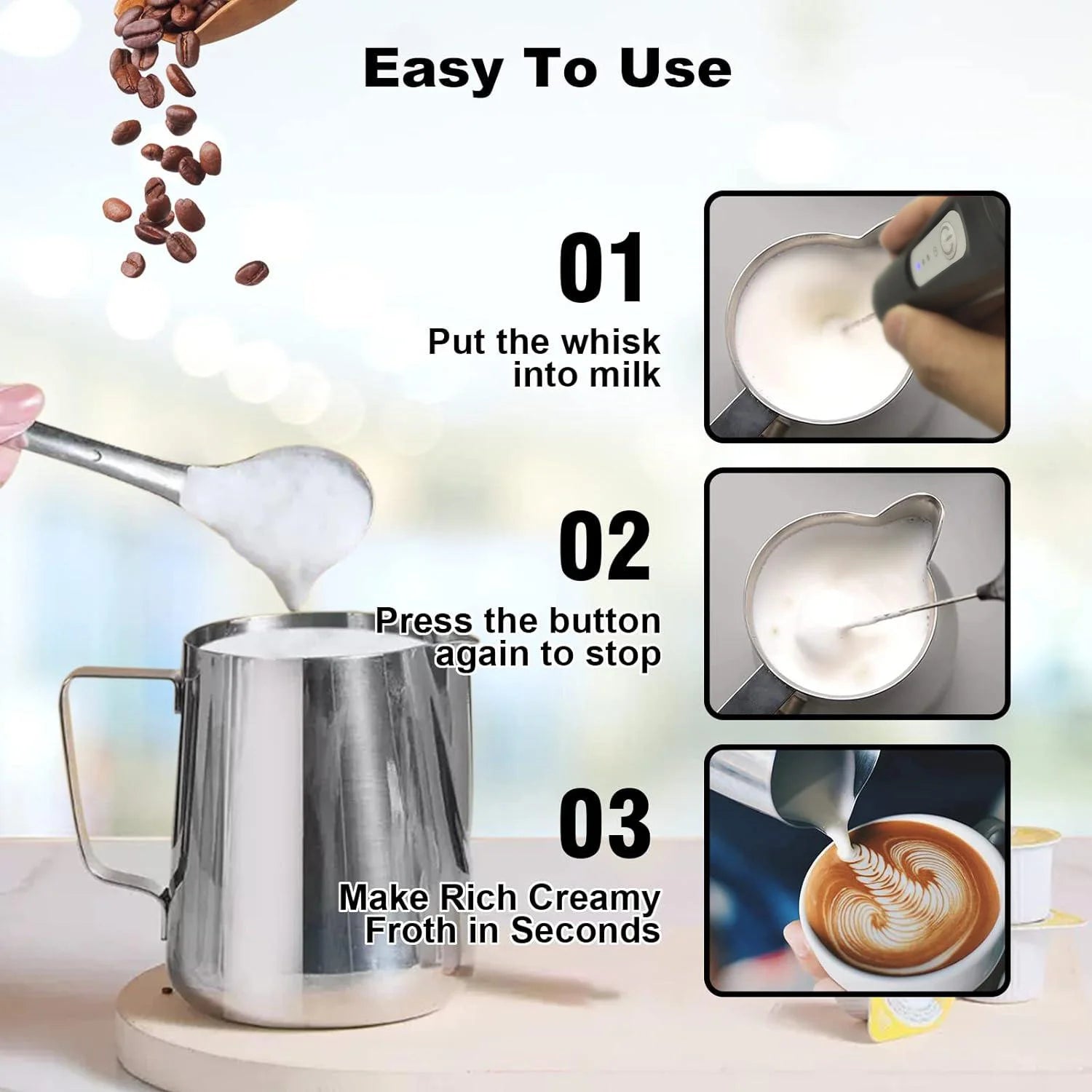 MINI Espumador de leche recargable por USB, máquina de espuma de 3 velocidades, batidor de café, mezclador con mango eléctrico, batidor de huevos