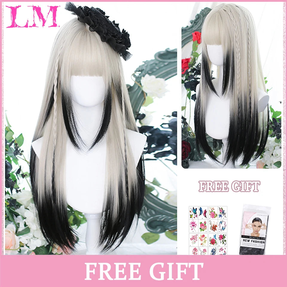 Pelucas sintéticas largas y rectas LM, color azul claro con reflejos de ceniza, peluca de Cosplay con flequillo para mujeres, pelo Natural, fibra resistente al calor