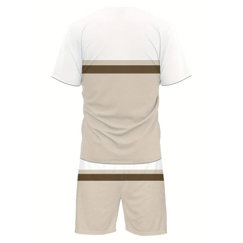 Conjunto informal de dos piezas con estampado 3D a rayas para hombre, camiseta de manga corta y pantalones cortos, conjunto para deportes al aire libre diarios de tela de poliéster
