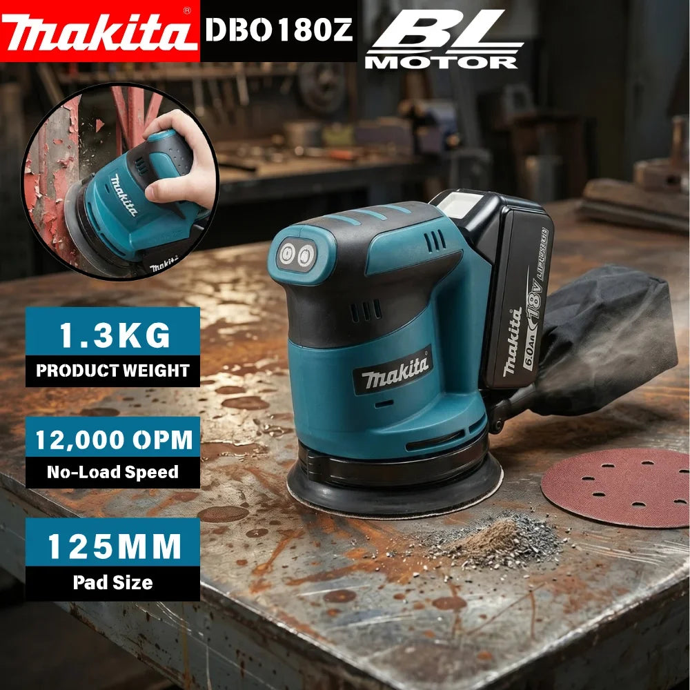 Lijadora Orbital Inalámbrica Makita DBO180Z de 18V, Pulidora Multivelocidad sin Escobillas para Lijado Profesional y Bricolaje en Madera (Solo Herramienta)