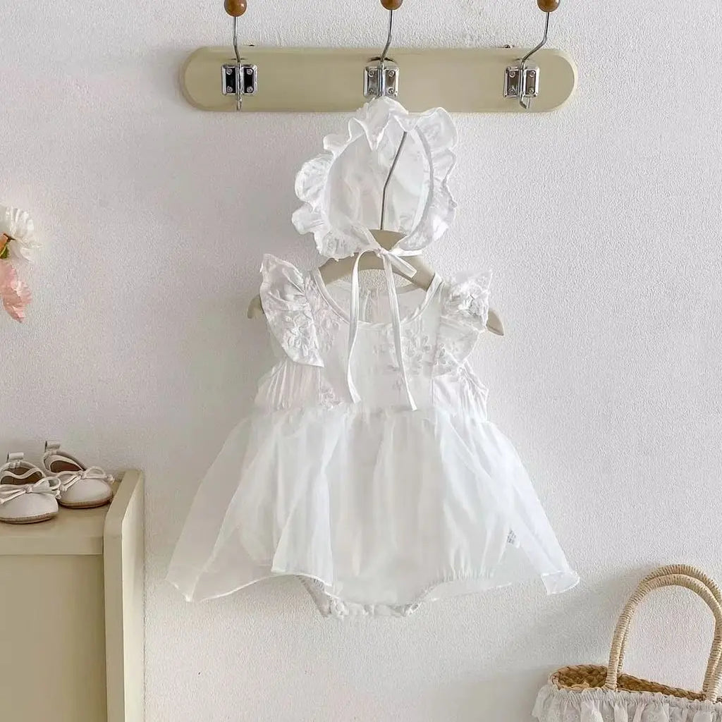 Conjunto de Ropa para Bebé Niña de 0 a 2 Años, 2026, Body Blanco con Estampado Floral Tridimensional y Gorro, 2 Piezas