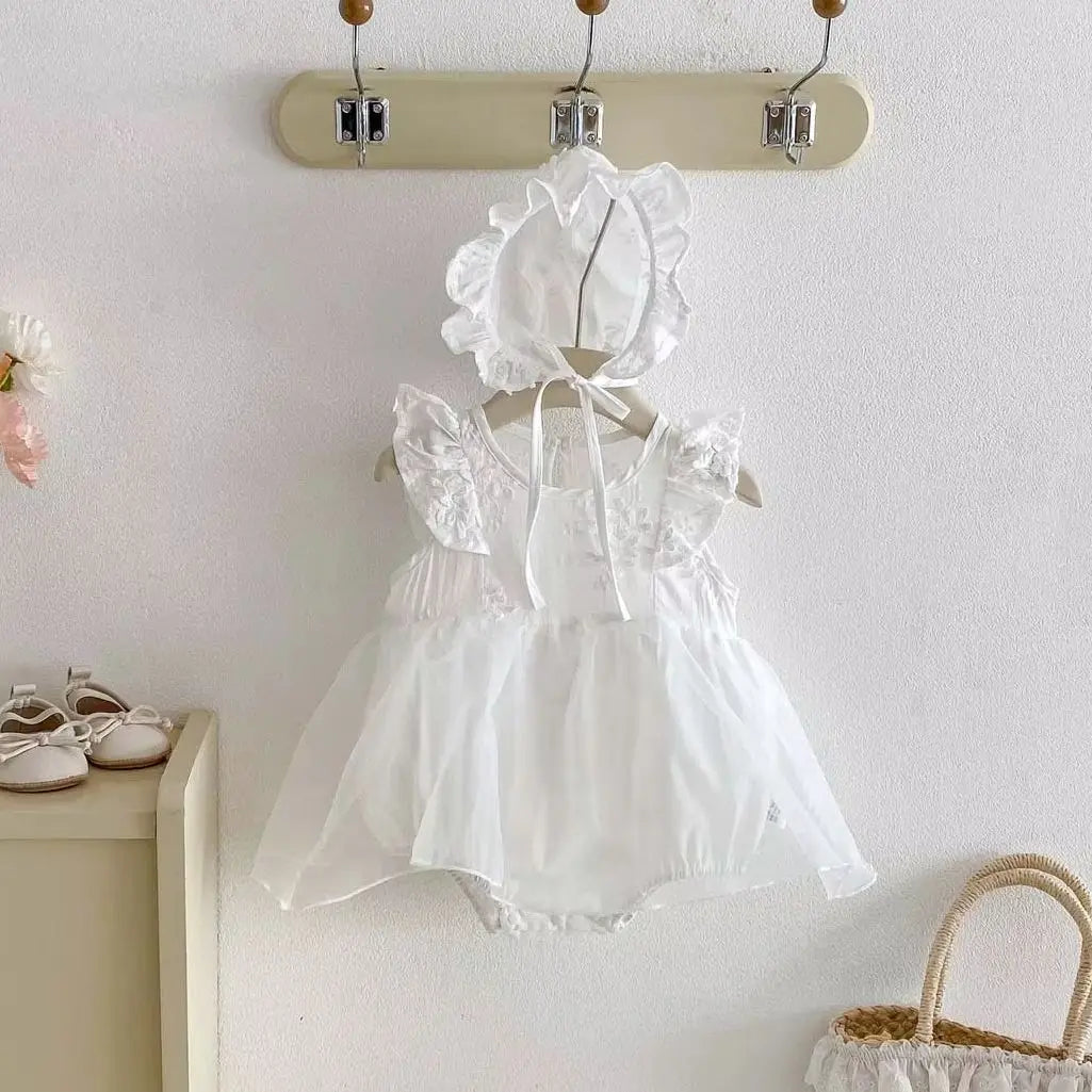 Conjunto de Ropa para Bebé Niña de 0 a 2 Años, 2026, Body Blanco con Estampado Floral Tridimensional y Gorro, 2 Piezas