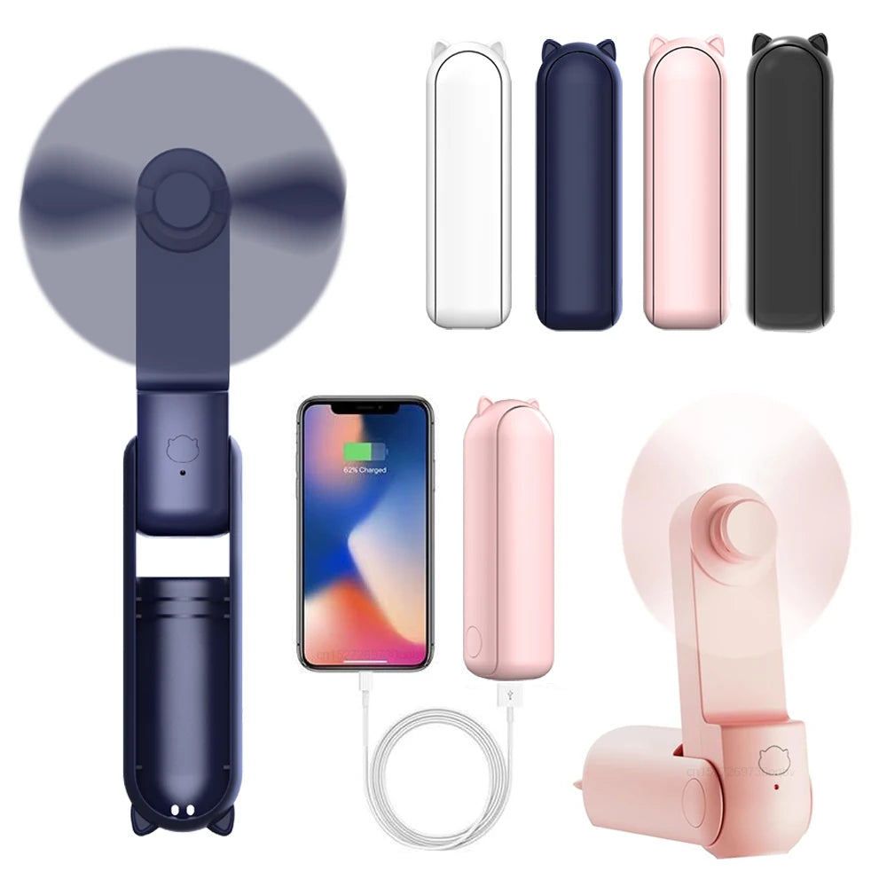 Mini ventilador de mano portátil, pequeño ventilador de bolsillo, batería recargable por USB, ventilador de mano de refrigeración plegable, Mini ventilador USB con Banco de energía