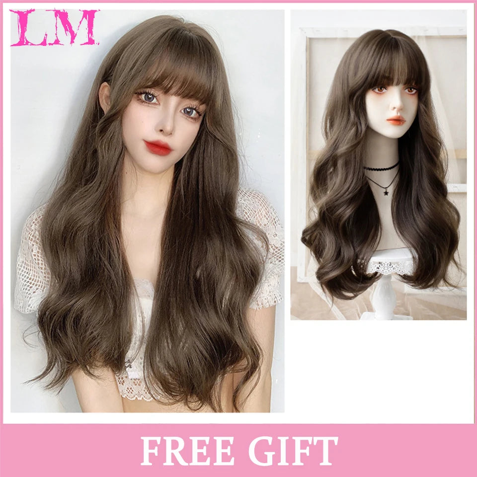 LM Rubio sintético Ombre mezclado rosa Rubio largo ondulado pelucas con flequillo Cosplay fiesta uso fibra resistente al calor para mujeres