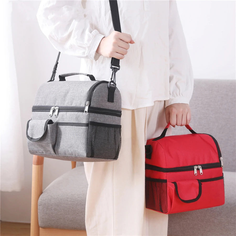 Bolsa térmica para el almuerzo, bolsa térmica de doble capa para acampar, hacer senderismo, viajar, picnic, nevera portátil con doble compartimento