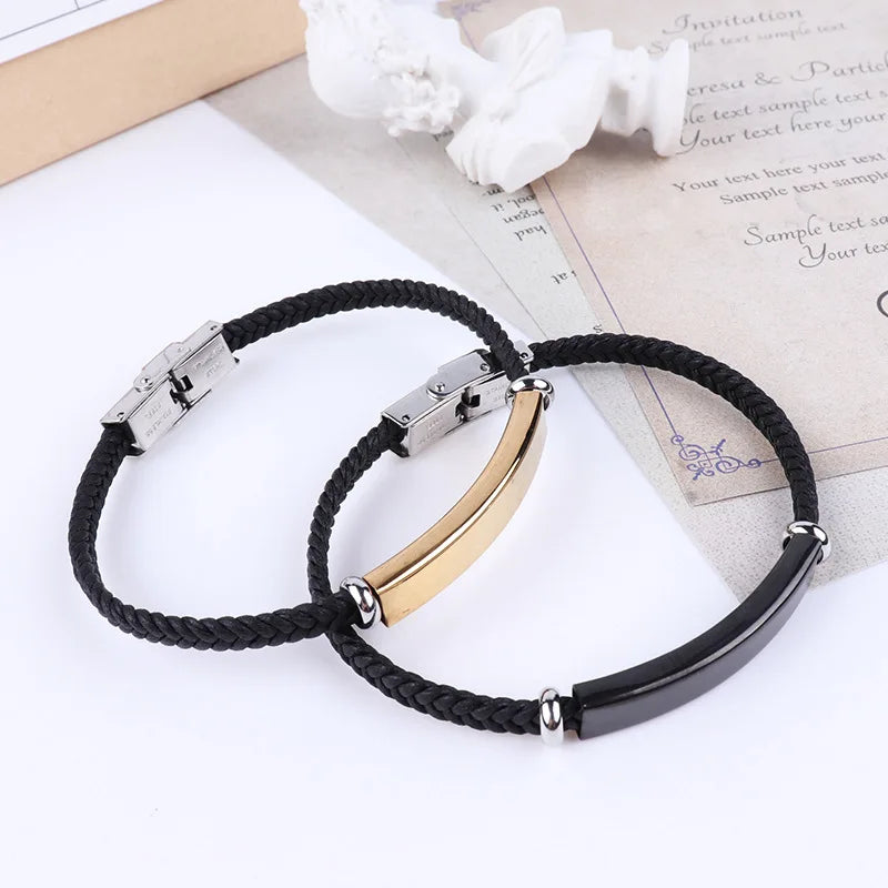 Pulsera Punk fina de cuero con nombre personalizado para hombre, pulseras personalizadas de acero inoxidable para mujer y hombre, pulsera de identificación
