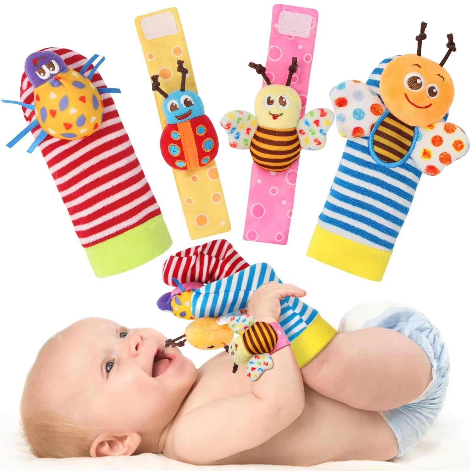 Sonajeros de muñeca para bebé, calcetines de animales para recién nacidos, buscador de pies, correa para la muñeca, calcetines para bebé, juguetes sensoriales, juguetes para bebé de 0 a 12 meses, regalo