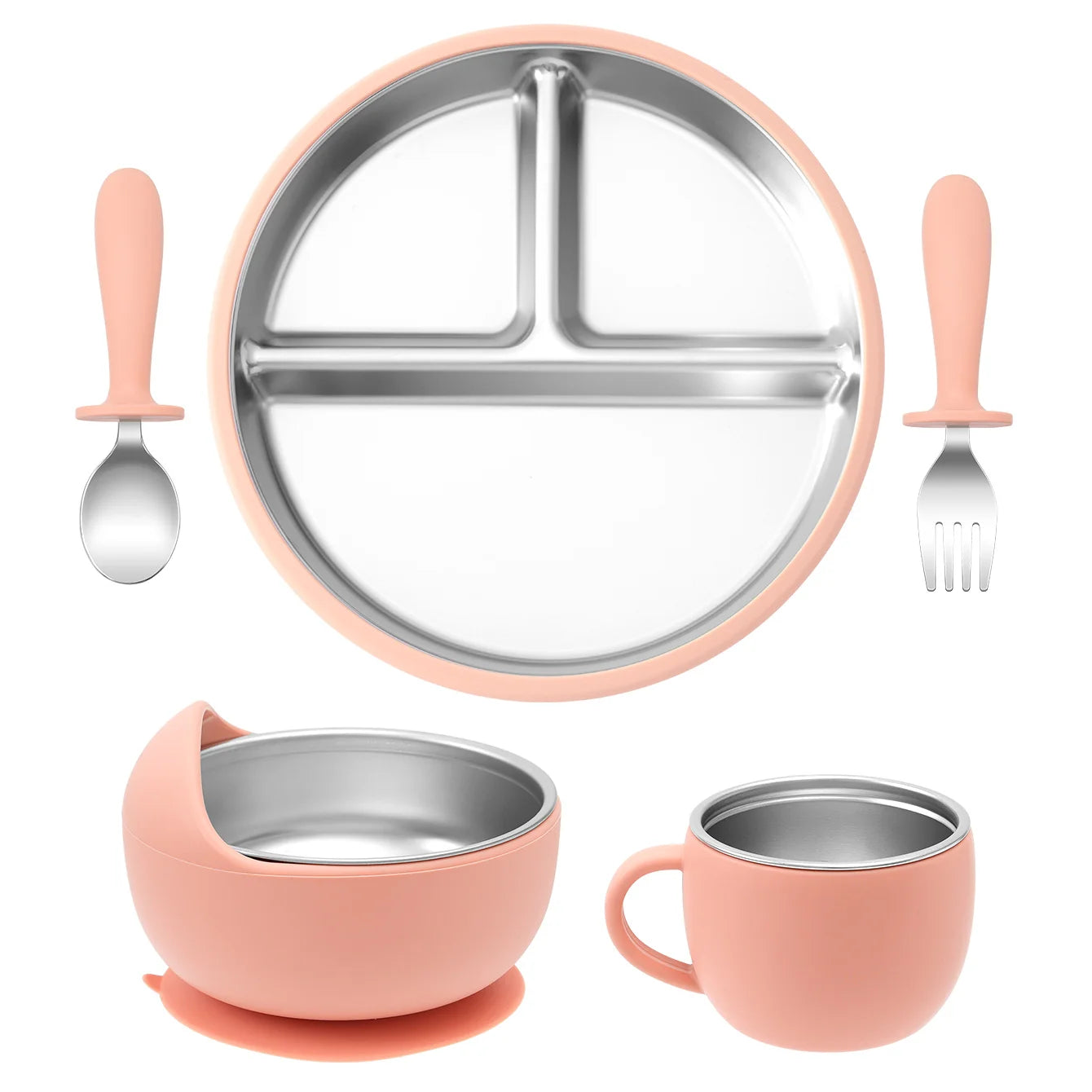 Juego de alimentación de bebé con plato de platos de acero inoxidable, cuenco con ventosa de silicona desmontable, sin BPA, tenedor infantil, cuchara, regalos, 5 uds.