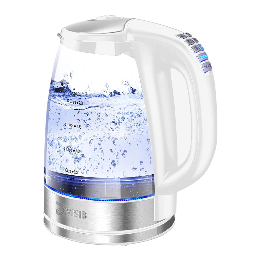 DEVISIB Hervidor eléctrico de vidrio, ebullición rápida de 2200 W, control de temperatura, mantener caliente las 4 horas, tetera de 2,0 L y caldera de agua caliente