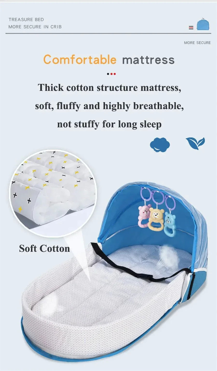 Cama de bebé práctica, cuna plegable antipresión con red y toldo, aislamiento biomimético para recién nacidos, cuna de viaje al aire libre