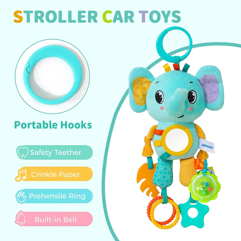 Cochecito de juguete de aprendizaje sensorial arrugado, colgante suave, asiento de coche, cuna, viaje, Animal de peluche, carillón de viento con mordedor para niños y niñas