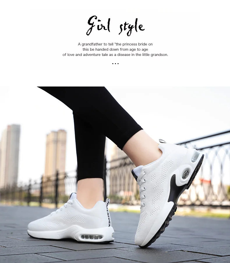 Zapatos deportivos transpirables con amortiguación de aire para mujer, zapatillas informales con cordones cruzados y tacón plano con punta redonda de estilo coreano