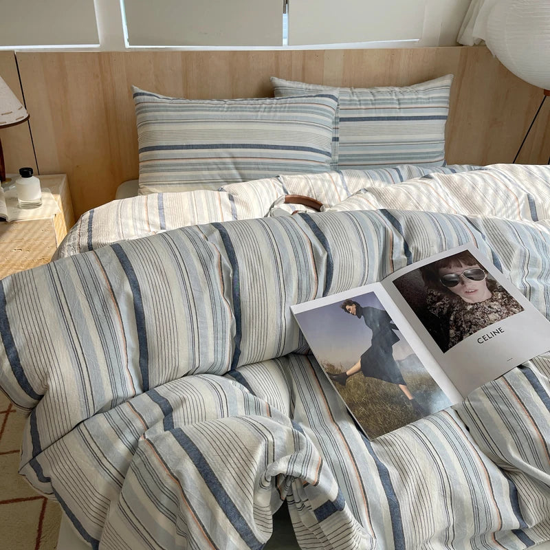 Juego de cama suave de algodón 100%, funda nórdica con estampado de rayas y funda de almohada, ropa de cama, colcha, fundas de almohada, juegos de edredón