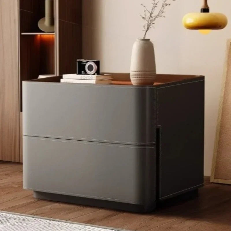 Mesita de Noche de Cuero con Cajones, Almacenamiento Estético para Dormitorio, Mesitas de Noche Modernas de Lujo, Muebles para el Hogar que Ahorran Espacio