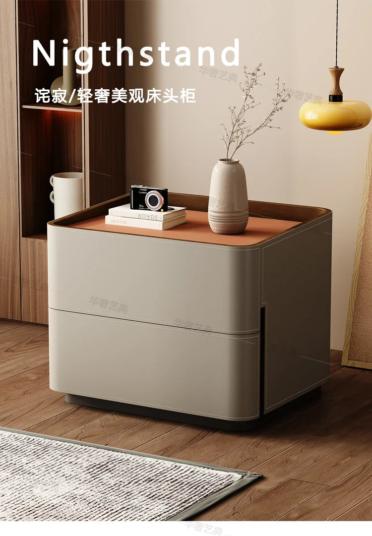 Mesita de Noche de Cuero con Cajones, Almacenamiento Estético para Dormitorio, Mesitas de Noche Modernas de Lujo, Muebles para el Hogar que Ahorran Espacio