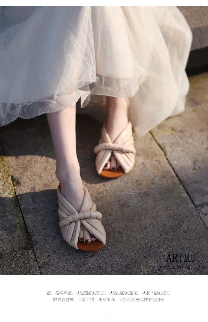 Sandalias Planas de Cuero Genuino para Mujer, Verano 2026, Diseño Abierto con Correa Anudada Única, para Uso en Exteriores