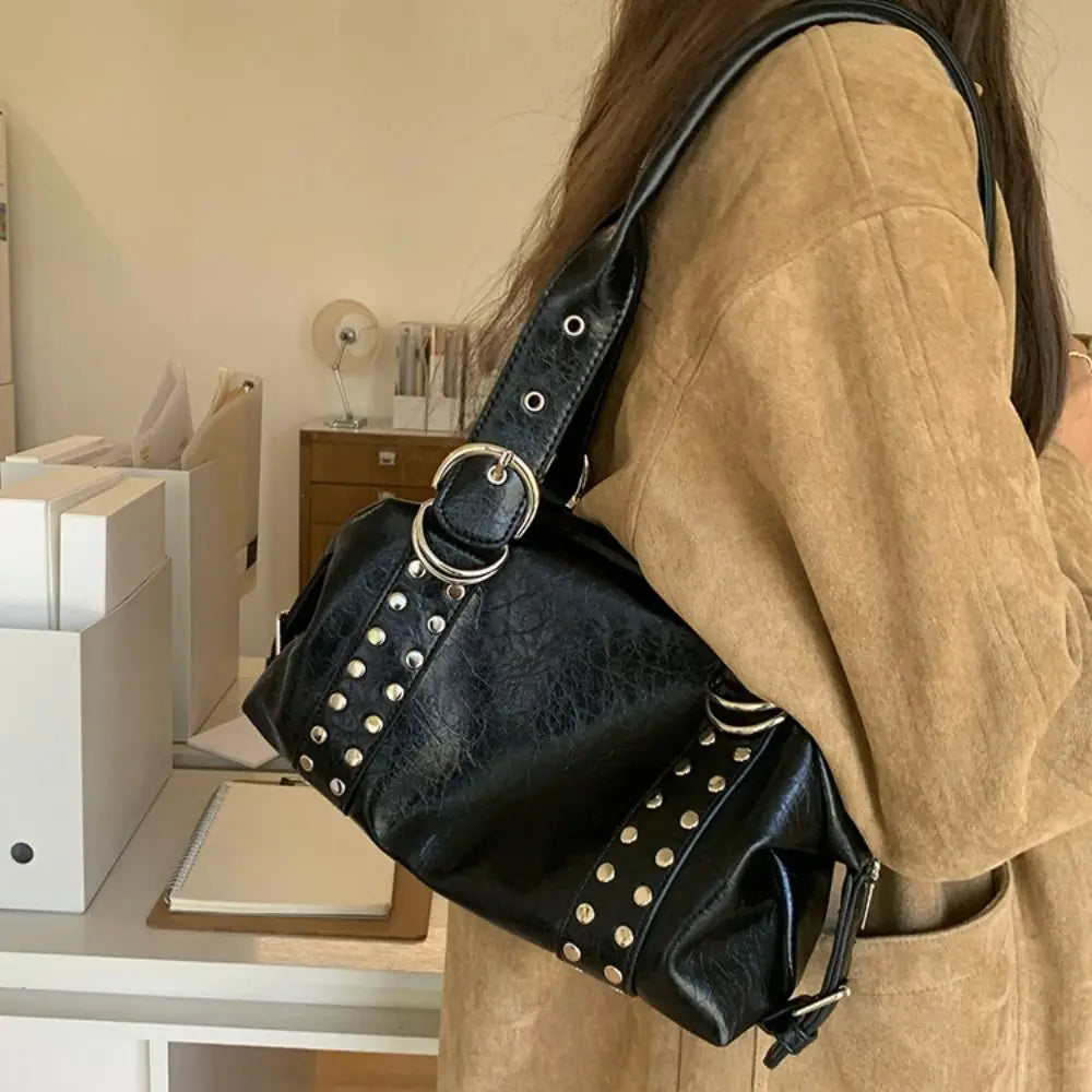 Bolso de Hombro Retro Y2K Simple con Remaches, Bolso de Motocicleta de Cuero PU Estilo Spicy Girl, Bolso Tote de Moda Coreana para Chicas