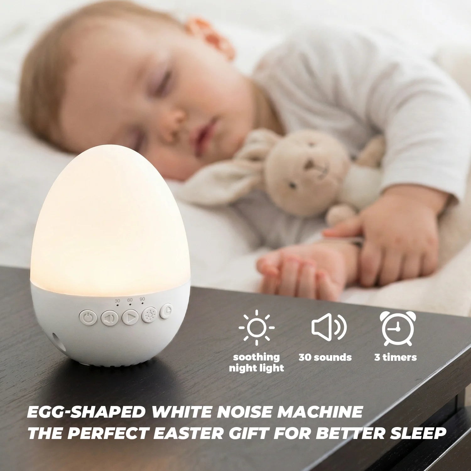 Máquina de Ruido Blanco para Bebés con Detección de Llanto, 30 Sonidos, Luz Nocturna Recargable, Calmante para Dormir, para Guardería, Viajes, Regalos de Pascua