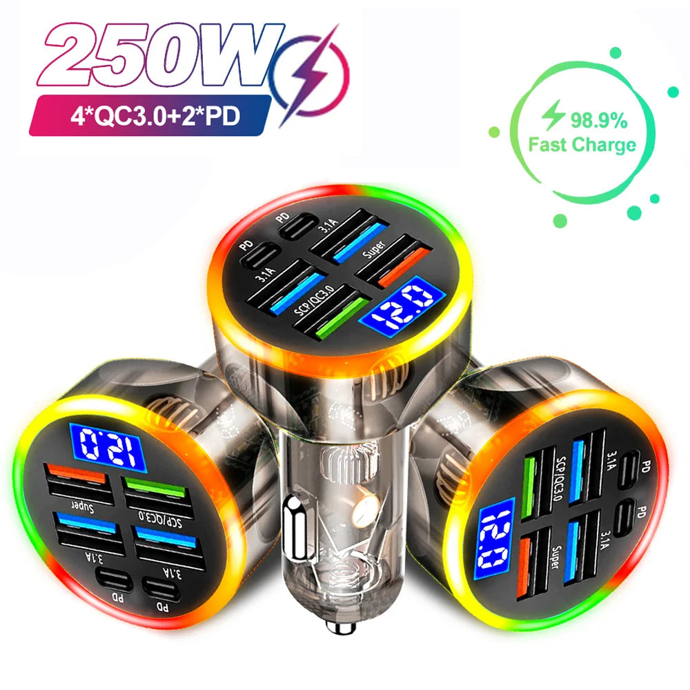 Cargador de coche USB 250W PD QC3.0 cargador de teléfono de coche de carga rápida para iPhone Samsung Xiaomi adaptador de encendedor de cigarrillos de coche de carga rápida