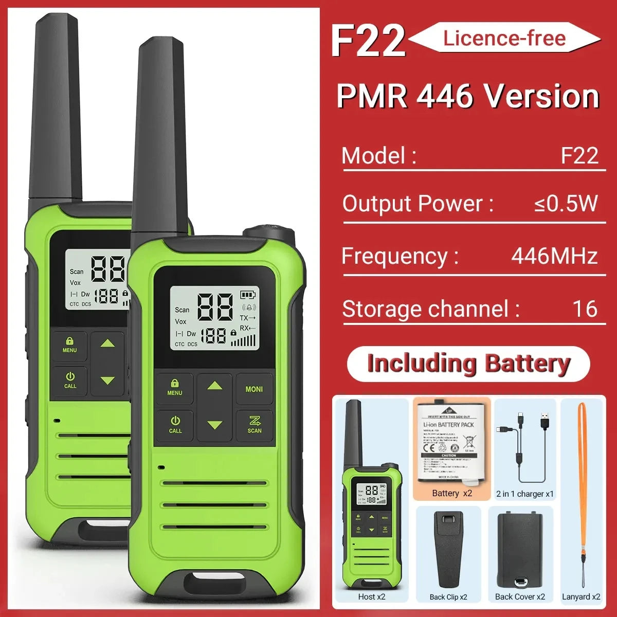 2PCS Baofeng F22 PMR 446MHz Mini Walkie Talkie Impermeable Tipo-C Sin Licencia NOAA Linterna Radio Bidireccional Portátil para Caza