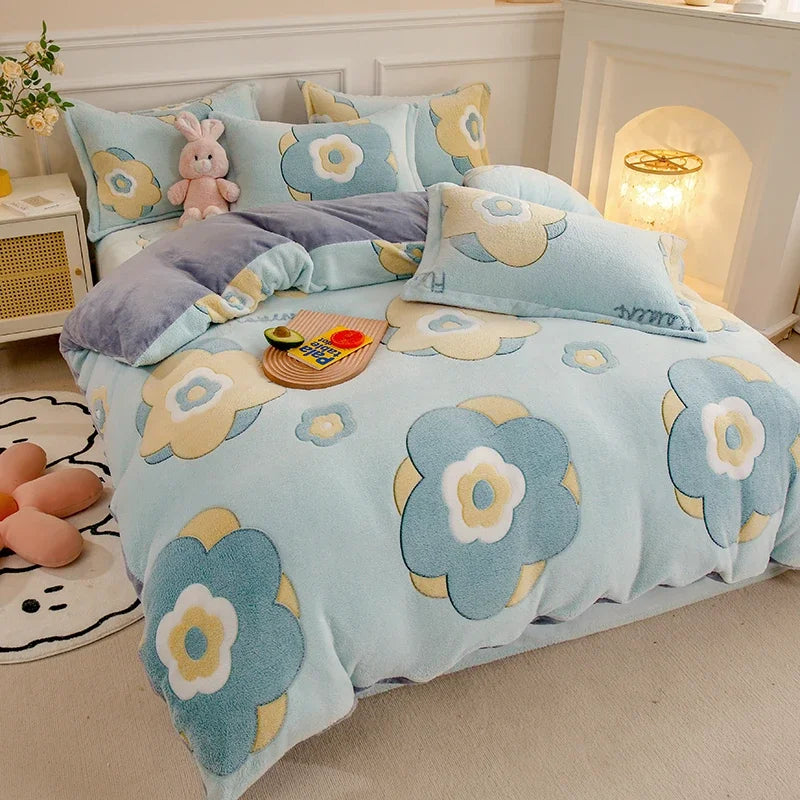 Funda nórdica de lana gruesa y cálida de franela Coral para invierno, juego de cama de terciopelo de doble cara, funda de edredón individual doble Queen King Size